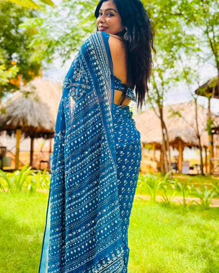 Blue Georgette Mirror Work Party Wear Saree 109 (MeghaShree)