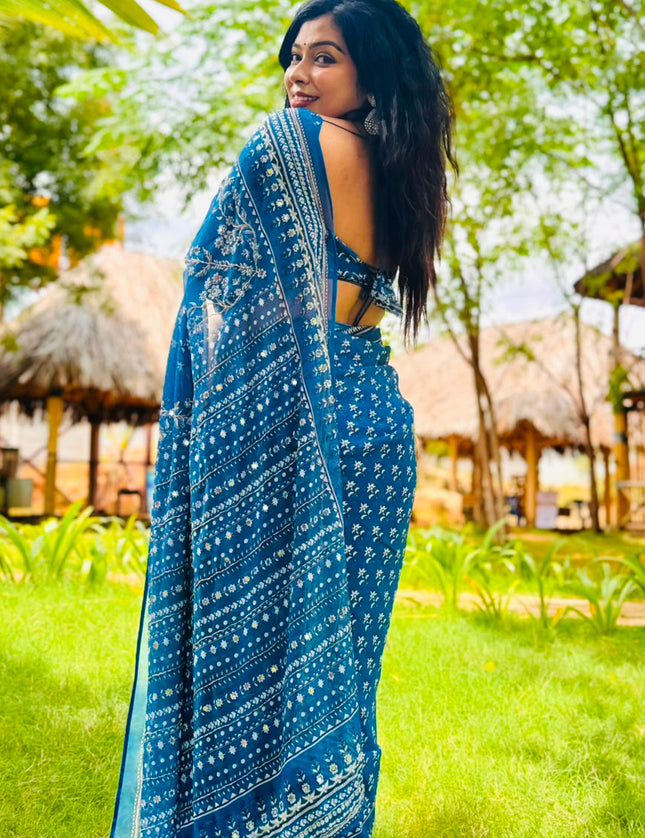 Blue Georgette Mirror Work Party Wear Saree 109 (MeghaShree)