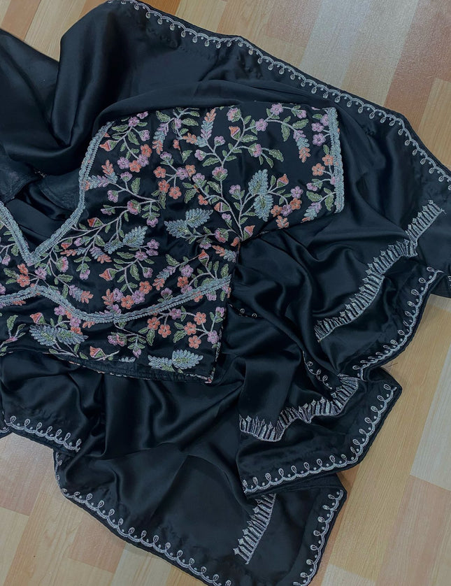 Shriya Saran inspired black satin saree- stitched blouse