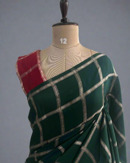 Green soft tussar crepe checks  saree ST104