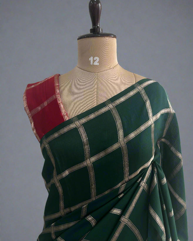 Green soft tussar crepe checks  saree ST104