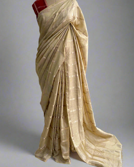 Beige soft tussar crepe checks  saree ST104