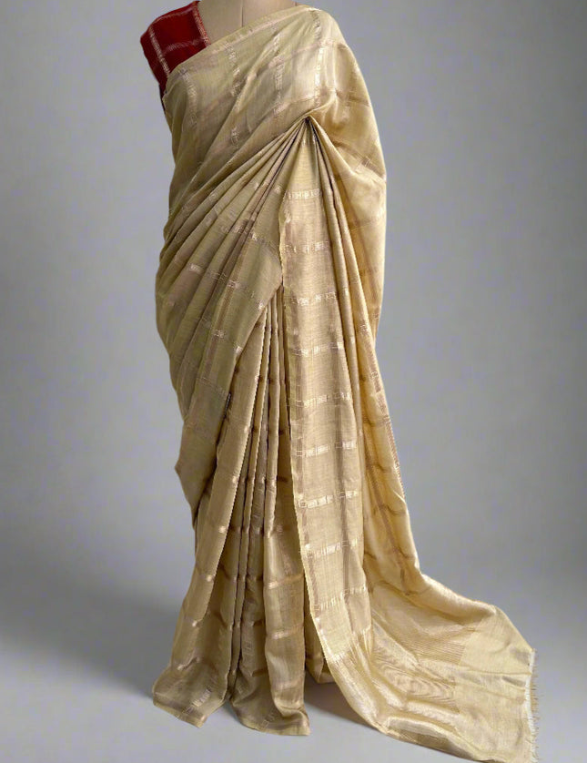 Beige soft tussar crepe checks  saree ST104