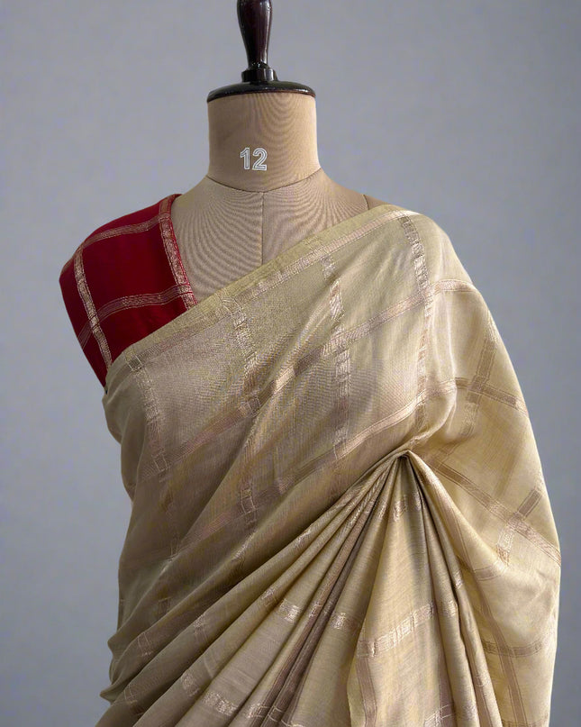 Beige soft tussar crepe checks  saree ST104