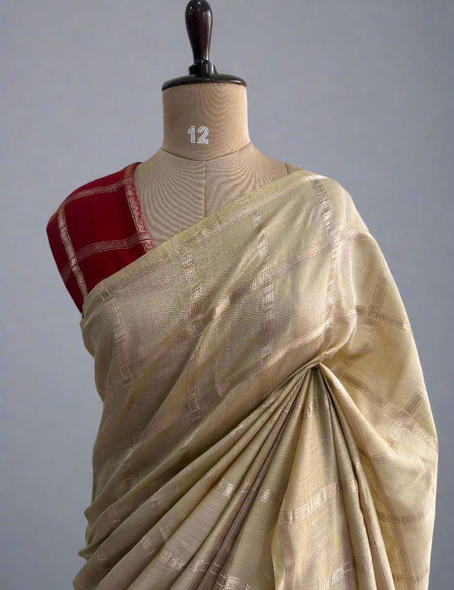 Beige soft tussar crepe checks  saree ST104