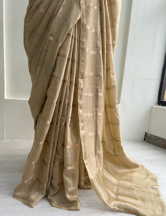 Beige soft tussar crepe checks  saree ST104