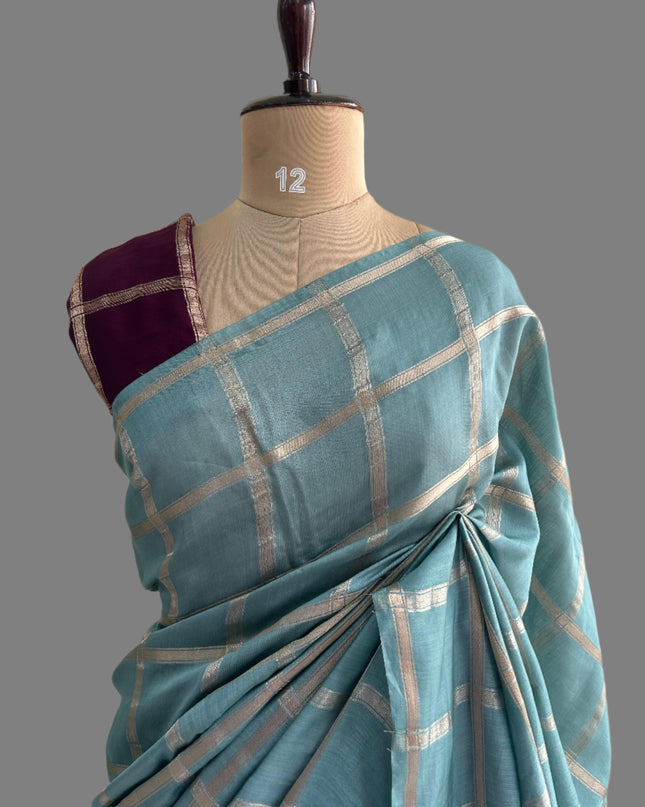 Pastel blue soft tussar crepe checks  saree ST104