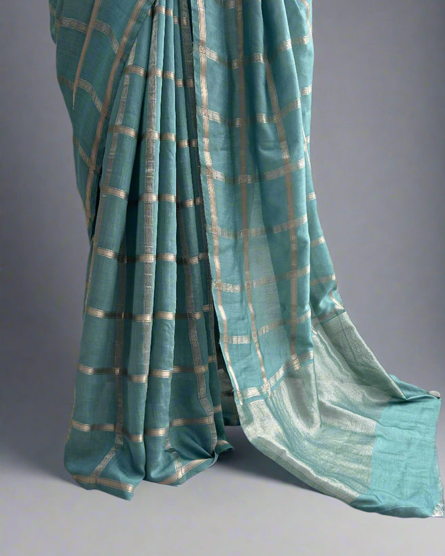 Pastel blue soft tussar crepe checks  saree ST104