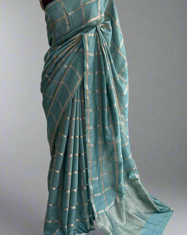 Pastel blue soft tussar crepe checks  saree ST104