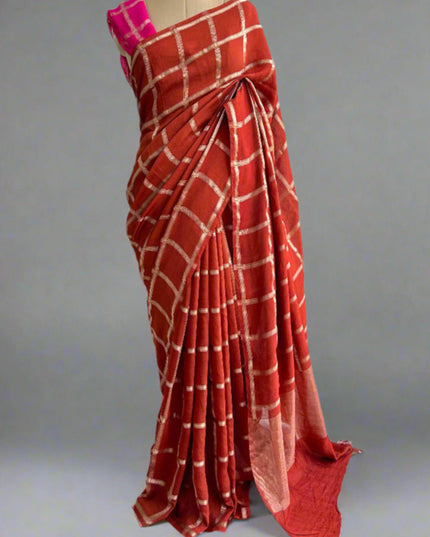 Brick red soft tussar crepe checks  saree ST104