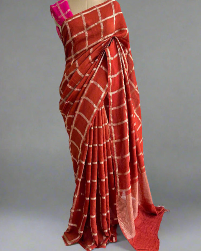 Brick red soft tussar crepe checks  saree ST104