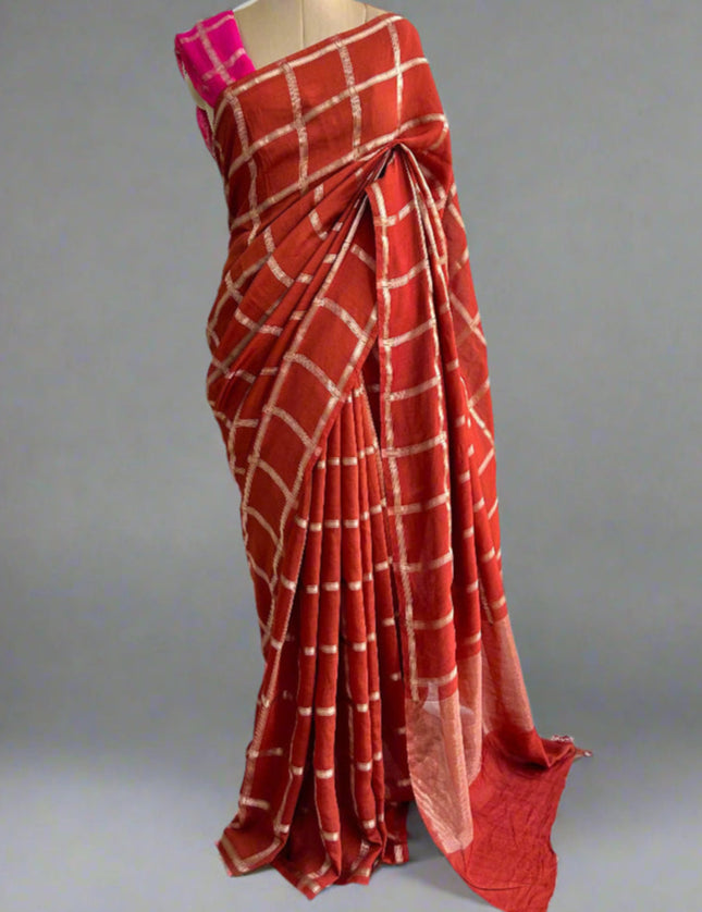 Brick red soft tussar crepe checks  saree ST104
