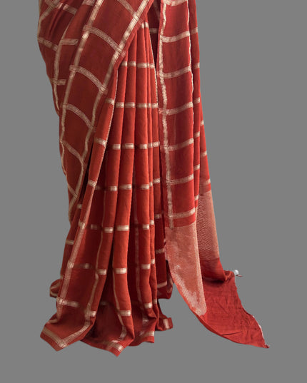 Brick red soft tussar crepe checks  saree ST104