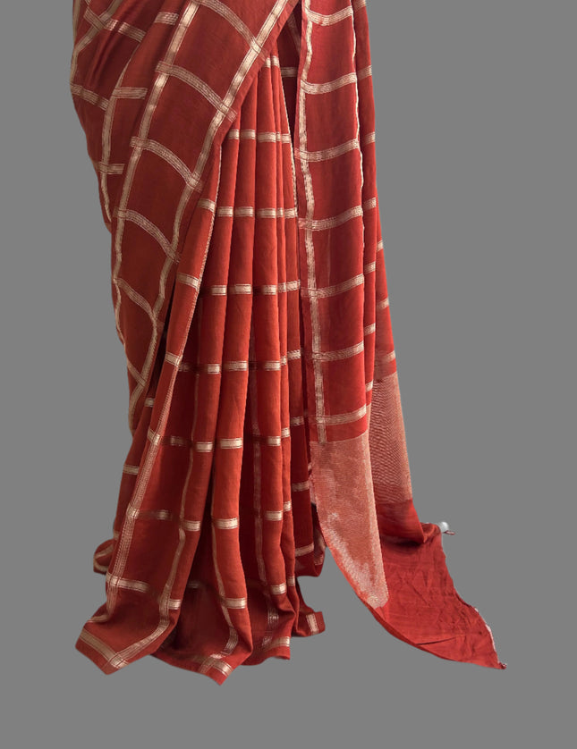 Brick red soft tussar crepe checks  saree ST104