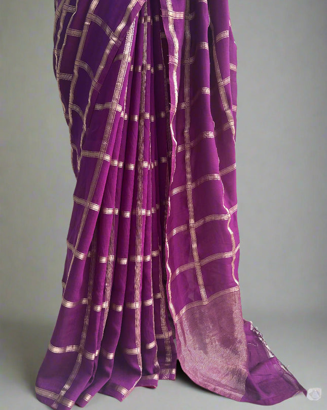 Purple soft tussar crepe checks  saree ST104