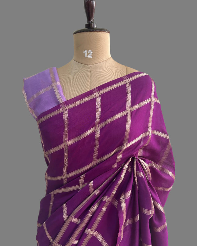 Purple soft tussar crepe checks  saree ST104