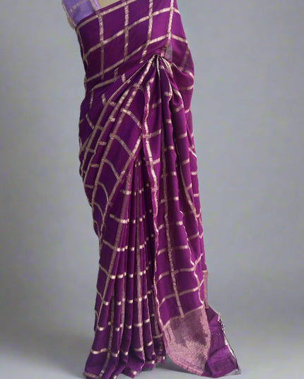 Purple soft tussar crepe checks  saree ST104