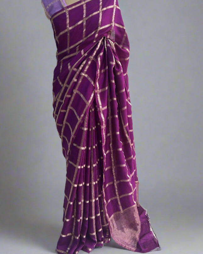 Purple soft tussar crepe checks  saree ST104