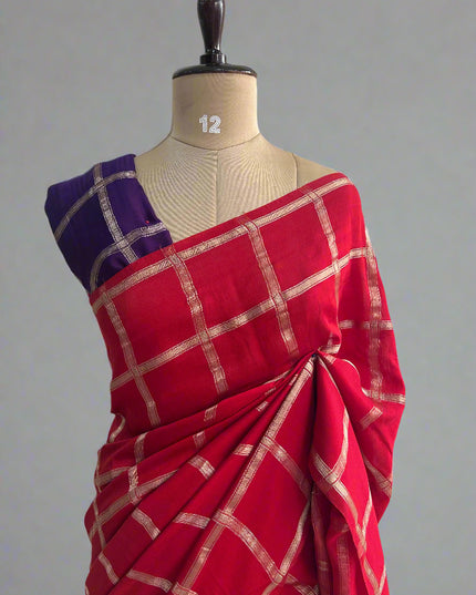 Red soft tussar crepe checks  saree ST104