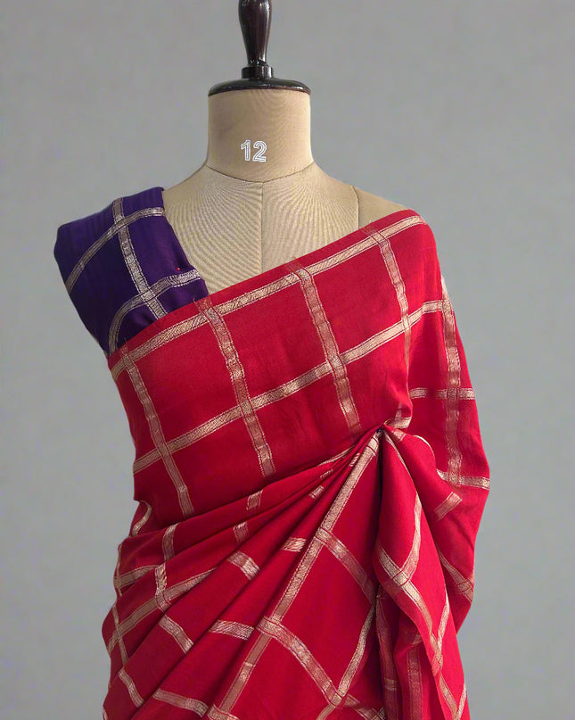 Red soft tussar crepe checks  saree ST104