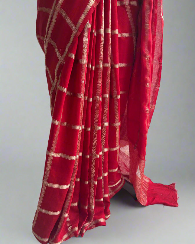 Red soft tussar crepe checks  saree ST104
