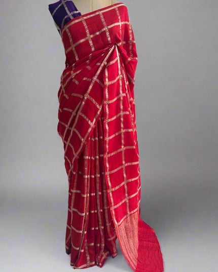 Red soft tussar crepe checks  saree ST104