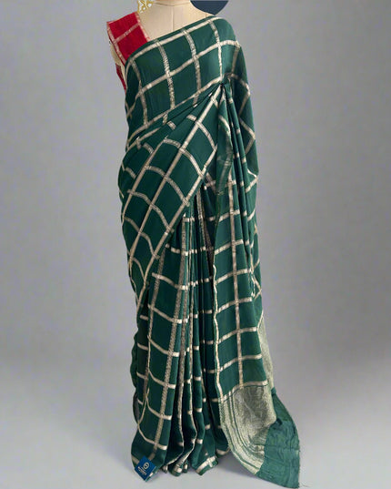Green soft tussar crepe checks  saree ST104