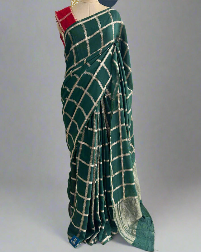 Green soft tussar crepe checks  saree ST104