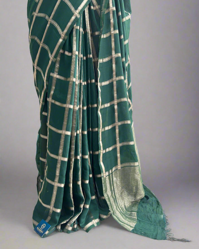 Green soft tussar crepe checks  saree ST104
