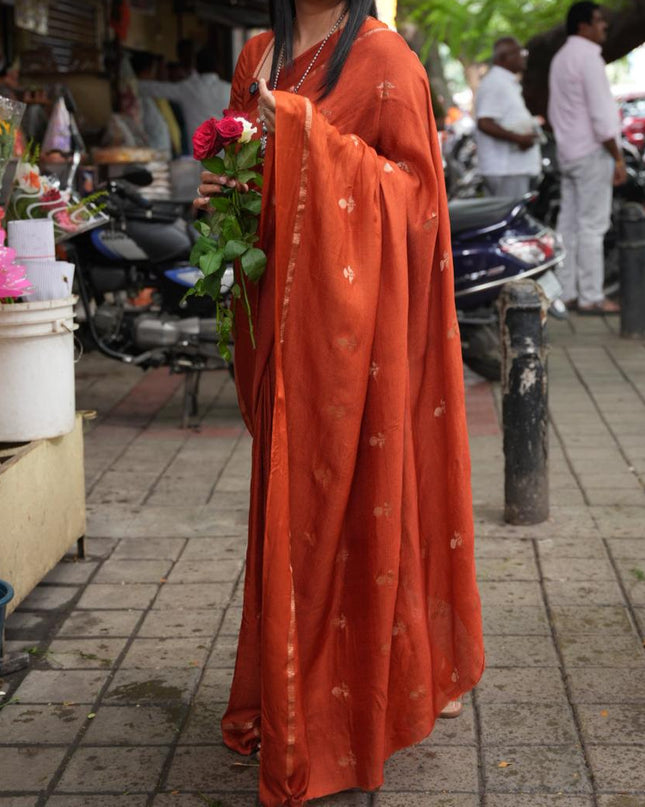 Rust orange 08 jute linen saree