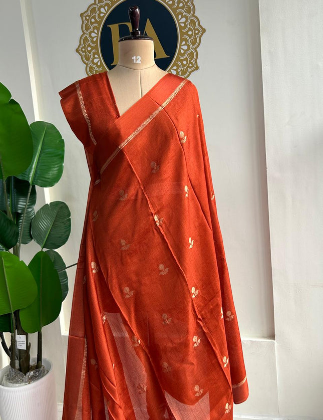 Rust orange 08 jute linen saree