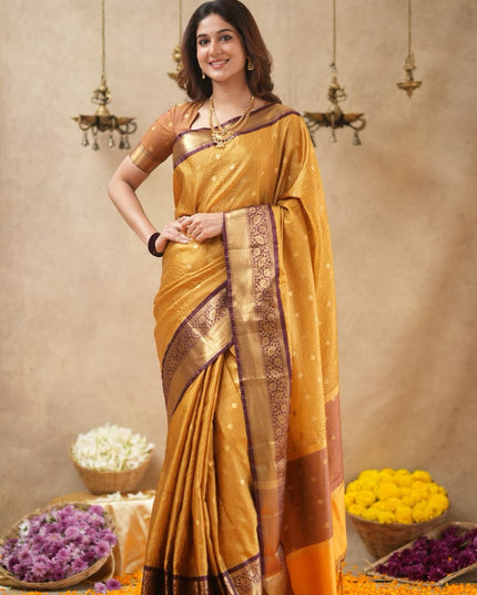 Rabiya mustard yellow with maroon kanchi silk saree