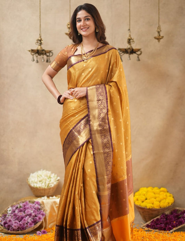 Rabiya mustard yellow with maroon kanchi silk saree
