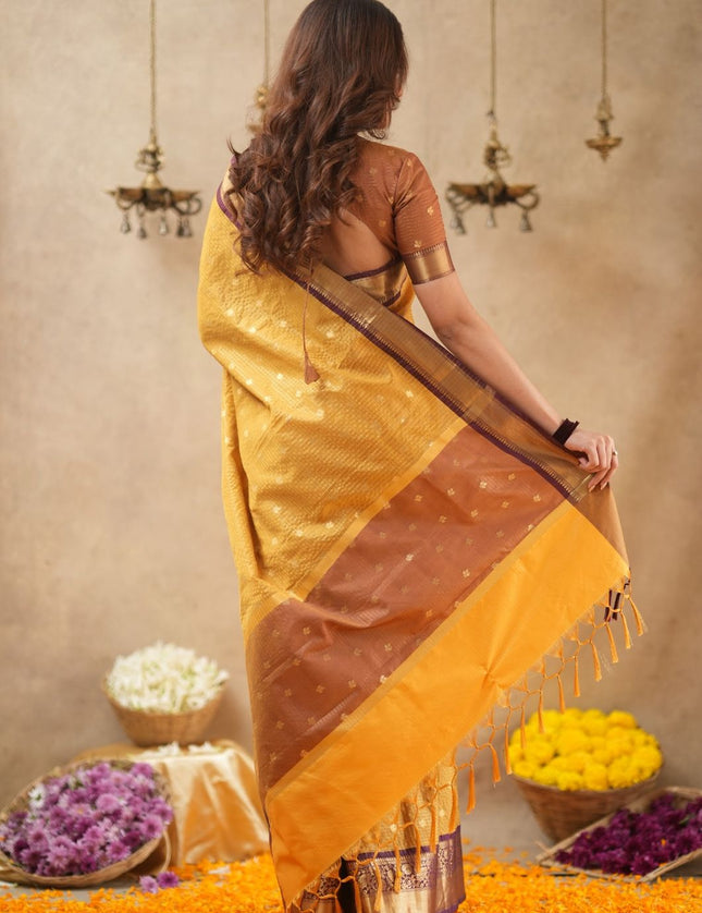 Rabiya mustard yellow with maroon kanchi silk saree