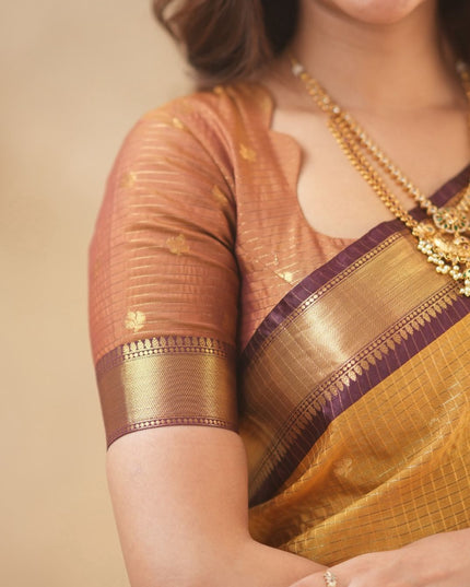 Rabiya mustard yellow with maroon kanchi silk saree