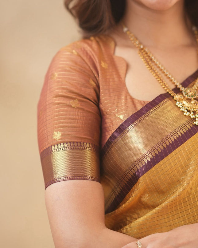 Rabiya mustard yellow with maroon kanchi silk saree