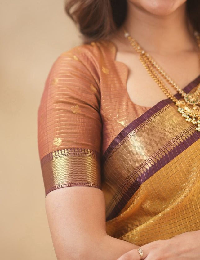 Rabiya mustard yellow with maroon kanchi silk saree