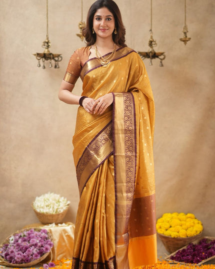 Rabiya mustard yellow with maroon kanchi silk saree