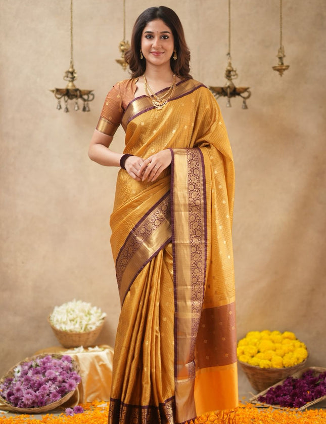 Rabiya mustard yellow with maroon kanchi silk saree