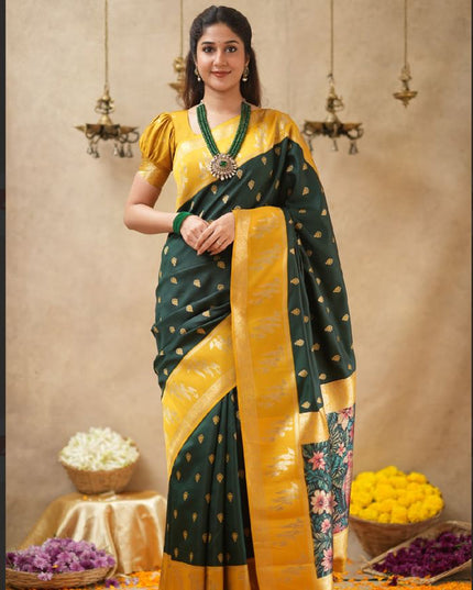 Rabiya bottle green with yellow  soft silk saree
