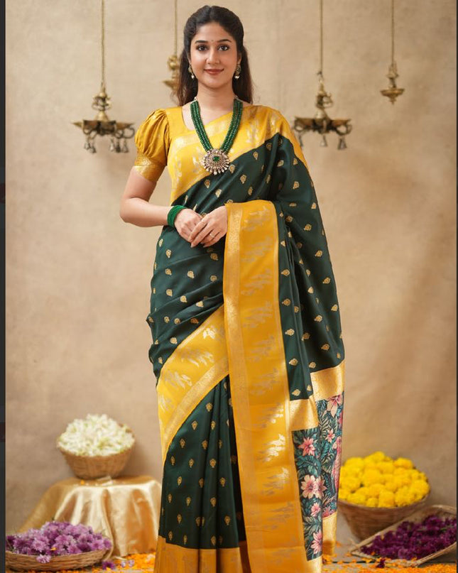 Rabiya bottle green with yellow  soft silk saree