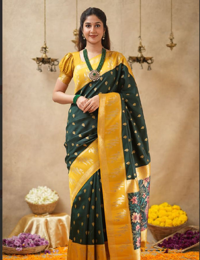 Rabiya bottle green with yellow  soft silk saree