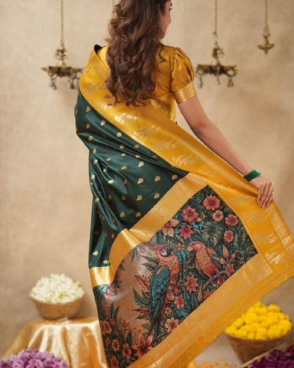 Rabiya bottle green with yellow  soft silk saree