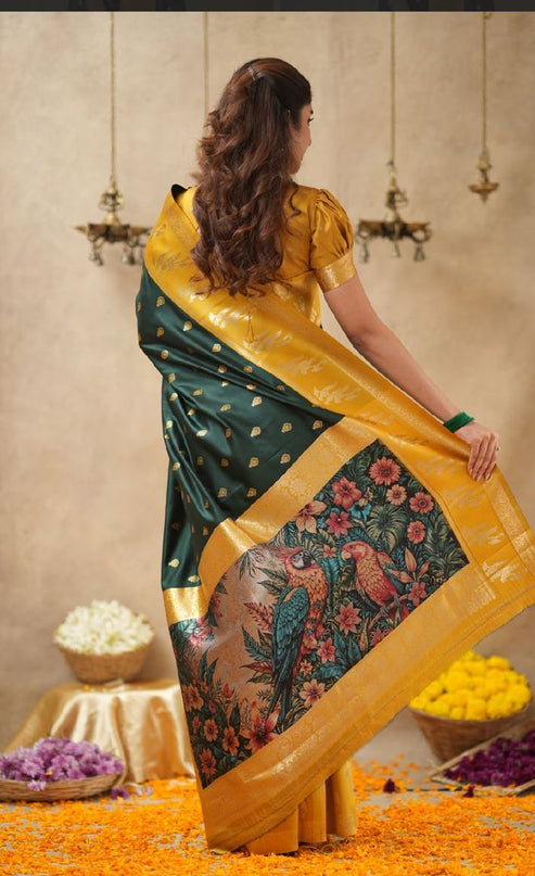 Rabiya bottle green with yellow  soft silk saree