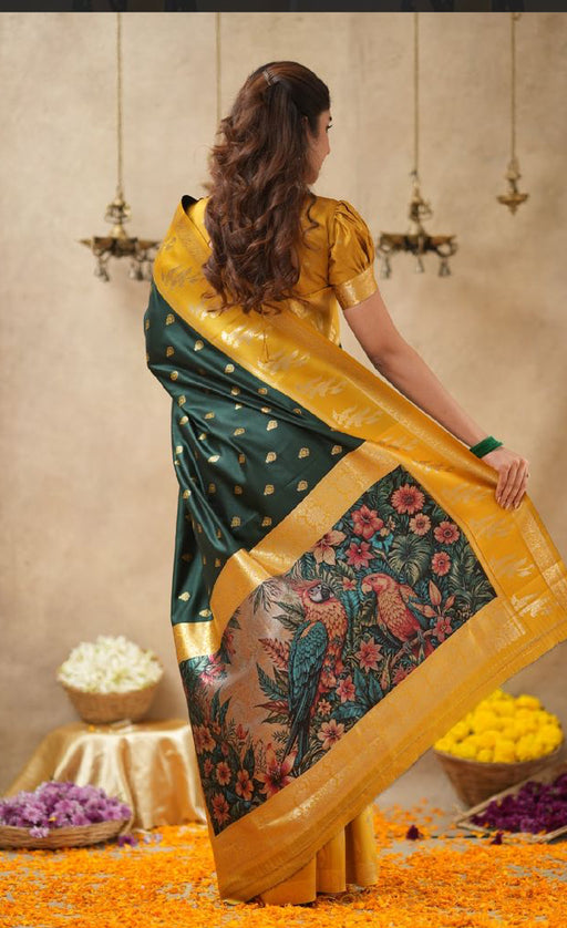 Rabiya bottle green with yellow  soft silk saree