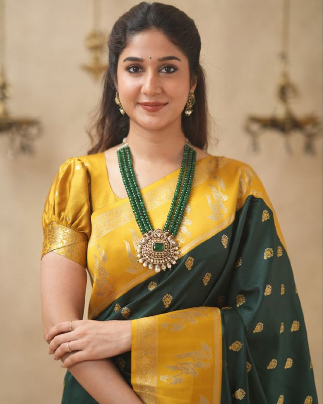 Rabiya bottle green with yellow  soft silk saree