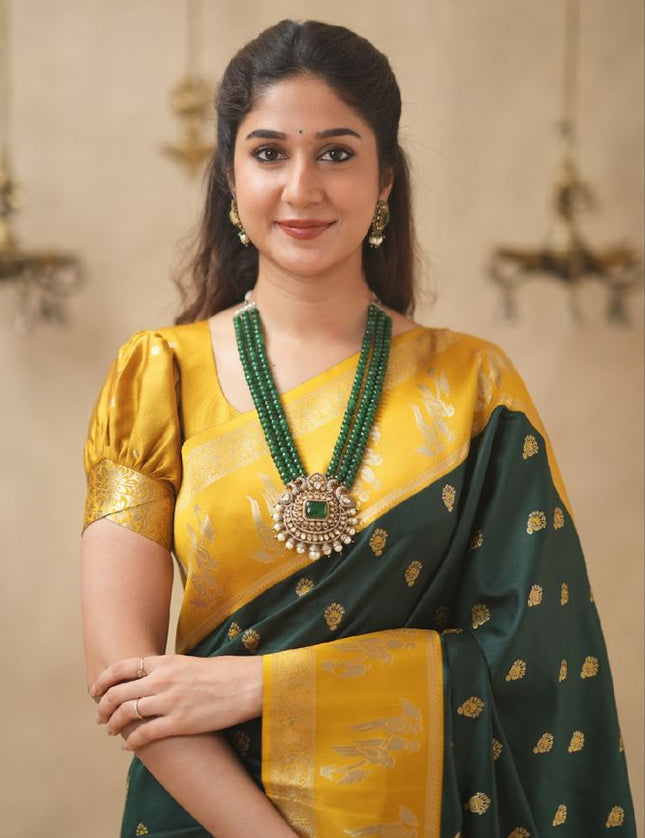 Rabiya bottle green with yellow  soft silk saree