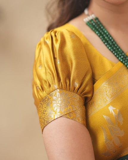Rabiya bottle green with yellow  soft silk saree