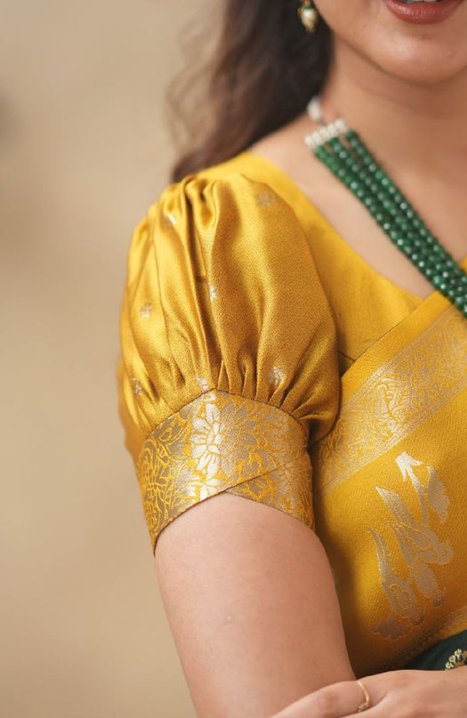 Rabiya bottle green with yellow  soft silk saree
