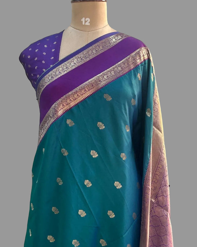 peacock green n purple small butta kanchi silk saree